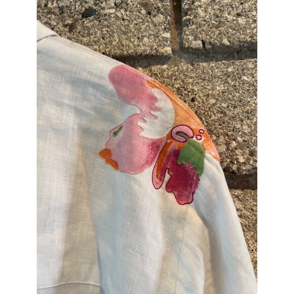 Dana Buchman White Linen Blouse W/ Multicolor Floral Embroidery Button-Down Long - Picture 9 of 9